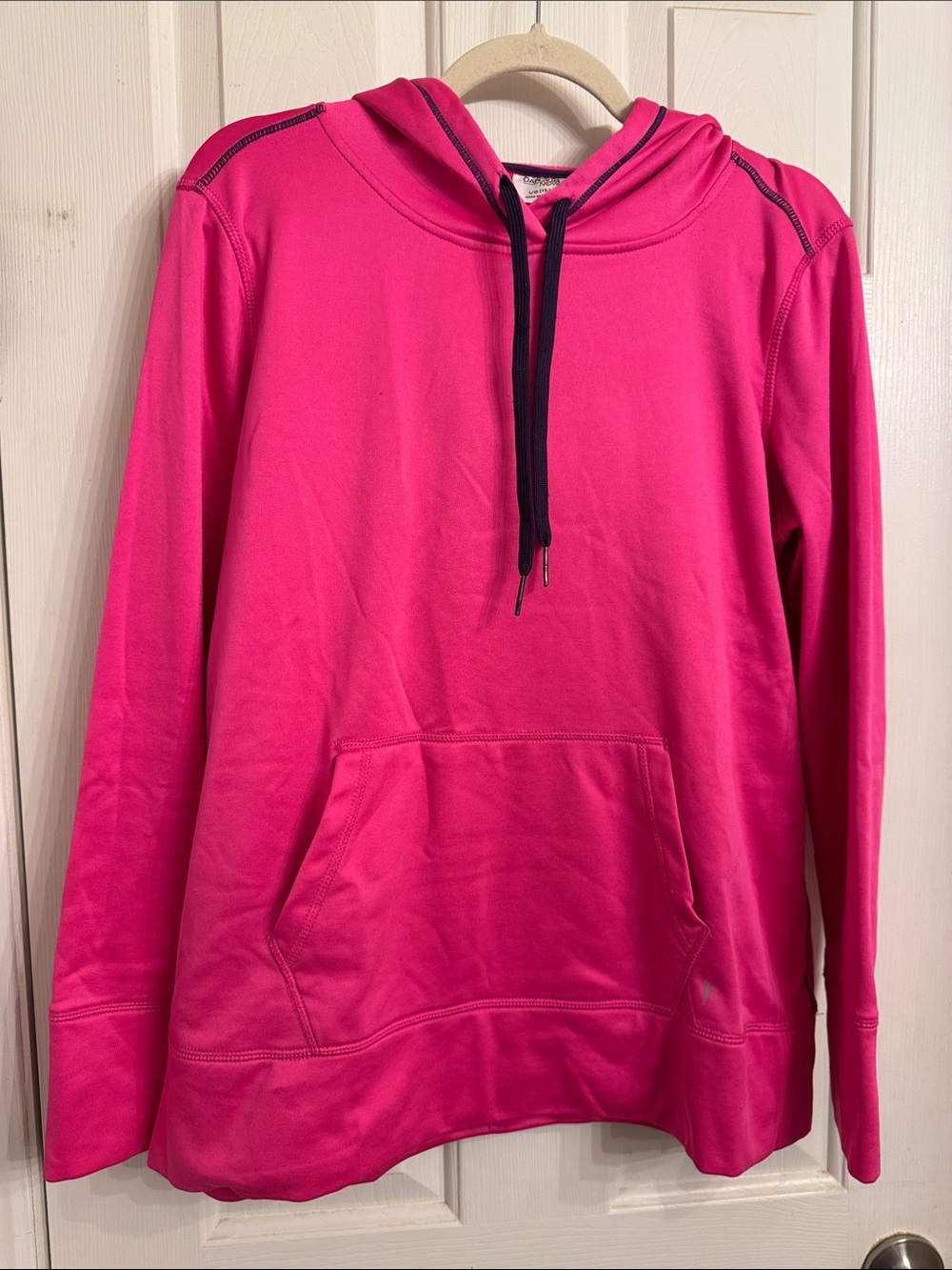 Danskin Now Bright Hot Pink Hooded Crew-Scoop Pullover with Dark Drawstrings